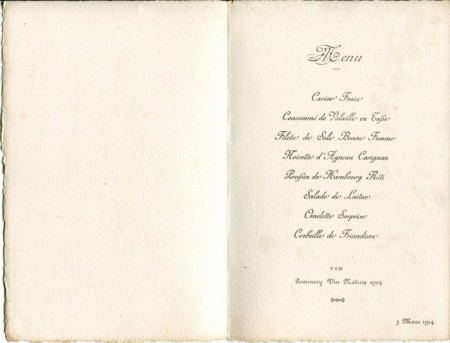 Innenseite der Speisekarte Restaurant de Paris 1914